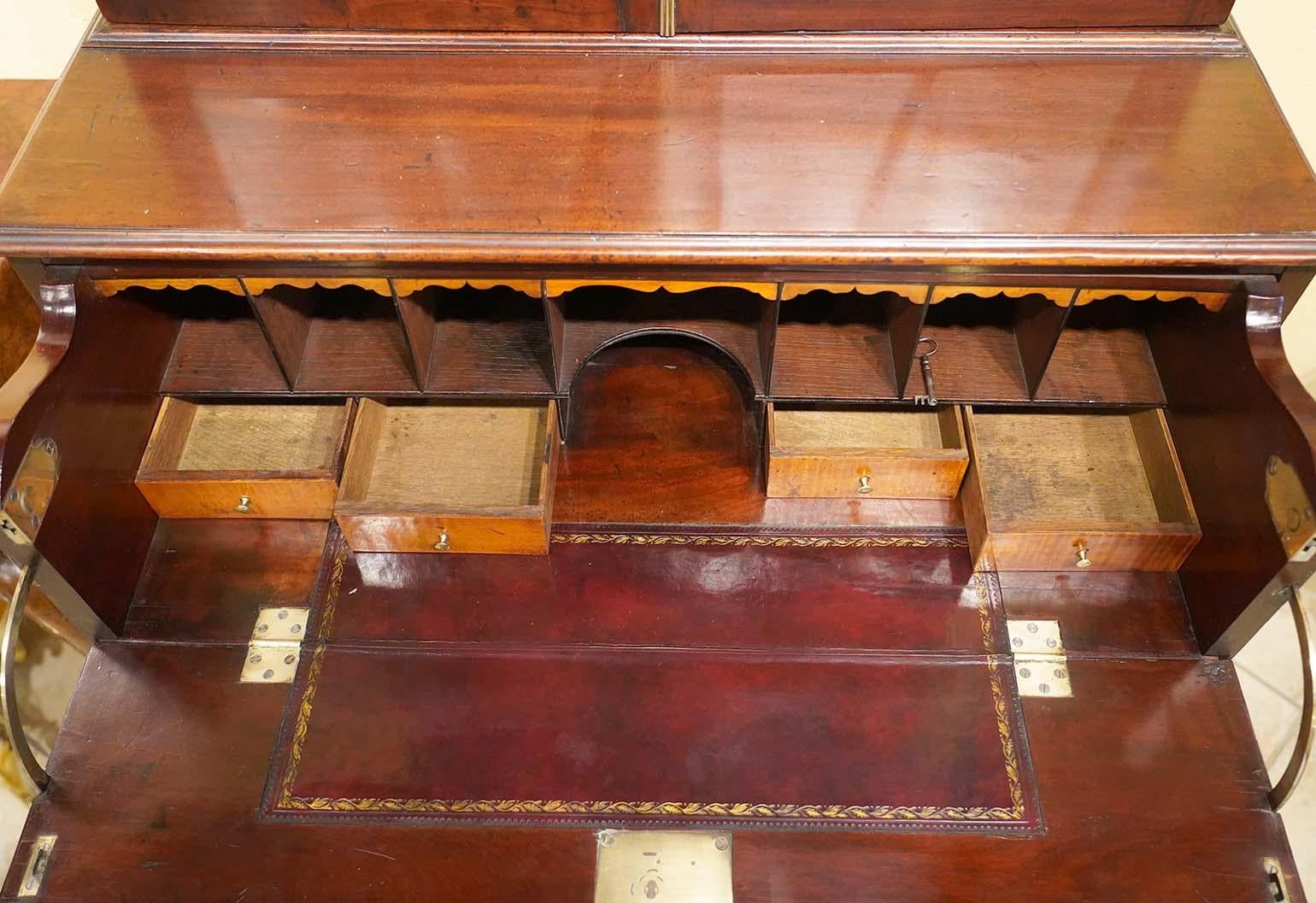 Brass Small Size George III Inlaid Mahogany and Satinwood Bookcase Secretary Desk