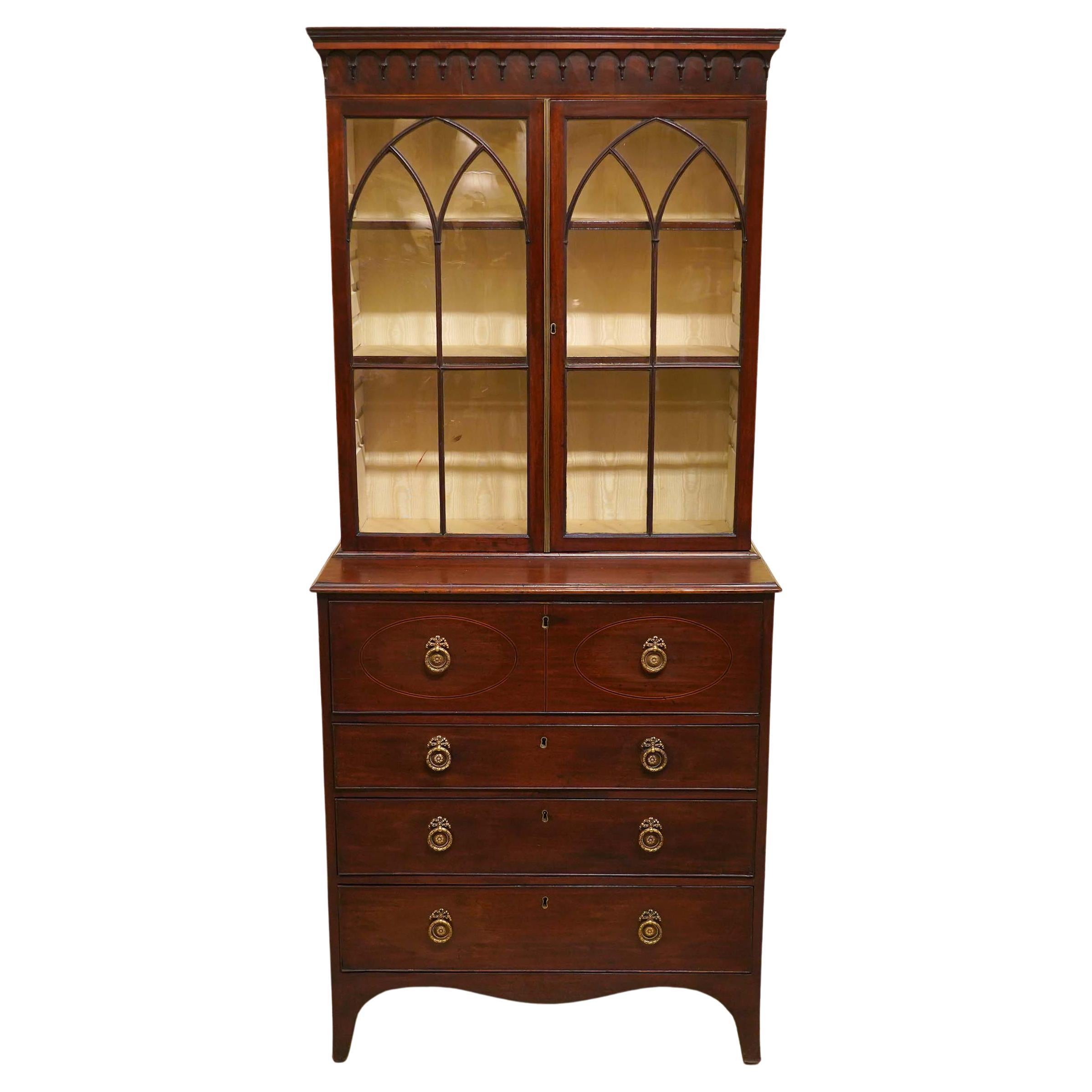 Small Size George III Inlaid Mahogany and Satinwood Bookcase Secretary Desk