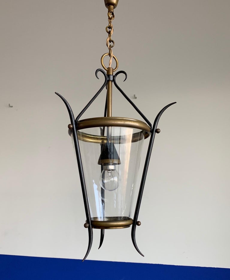 Forged Small Size Mid-Century Modern Italian Glass & Brass Circular Shape Pendant Light For Sale