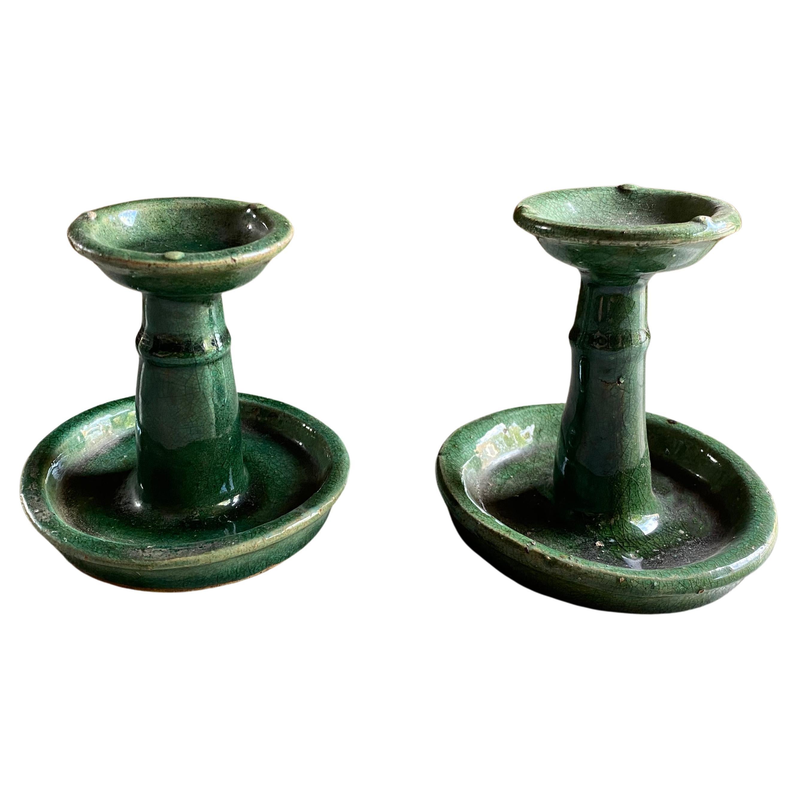 Chinese Ceramic Shiwan Oil Lamp Green Glaze Small Set