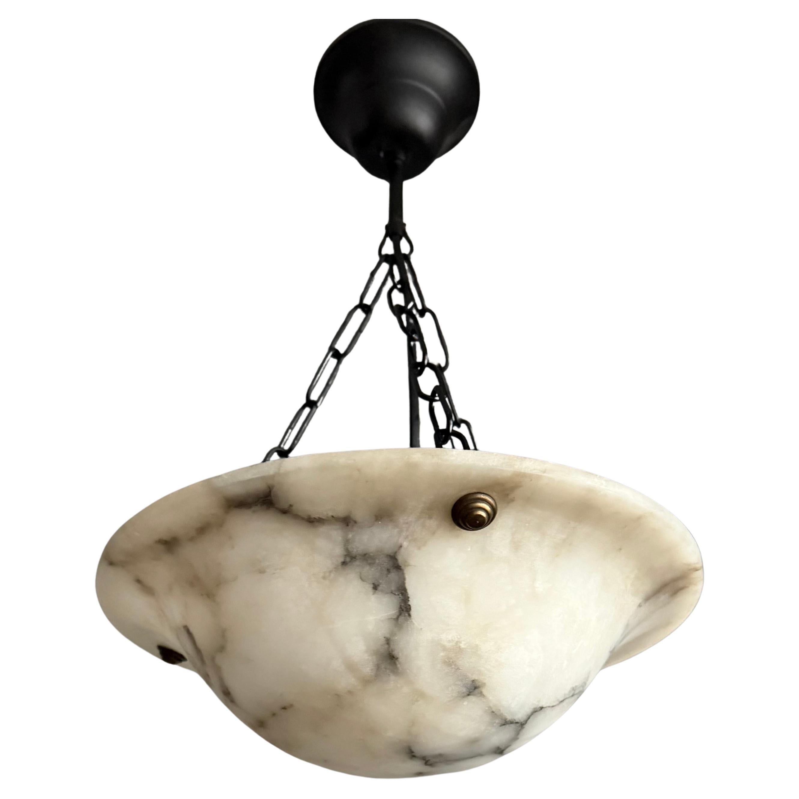 Small Size 
Timeless Art Deco White Translucent Alabaster 
Black Pendant Light For Sale