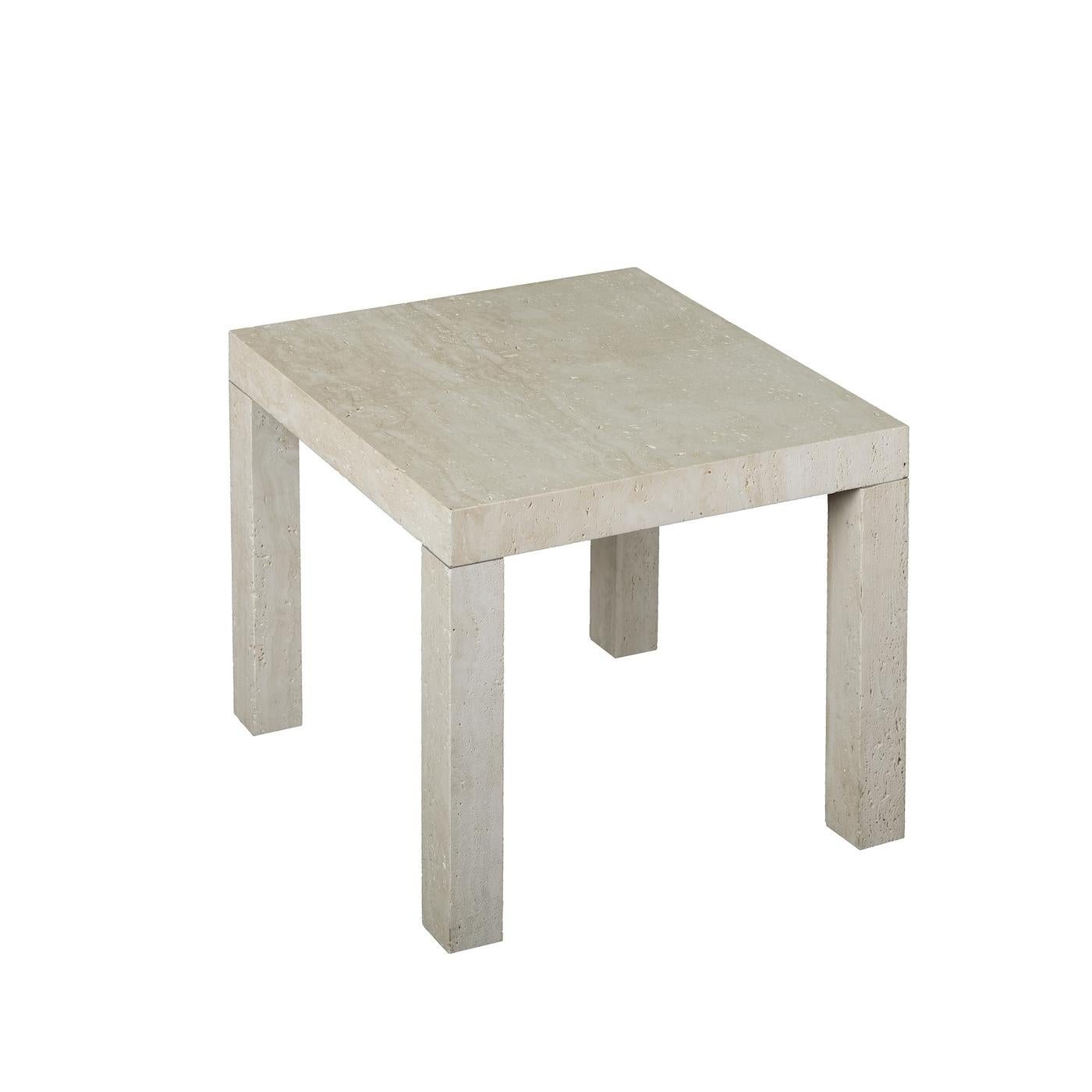 Entirely handcrafted of beige-gray Travertine marble with a smooth, polished finish, this versatile table has the perfect shape and size to add a functional and elegant accent in any room. The square top is mounted on four solid, rectangular legs