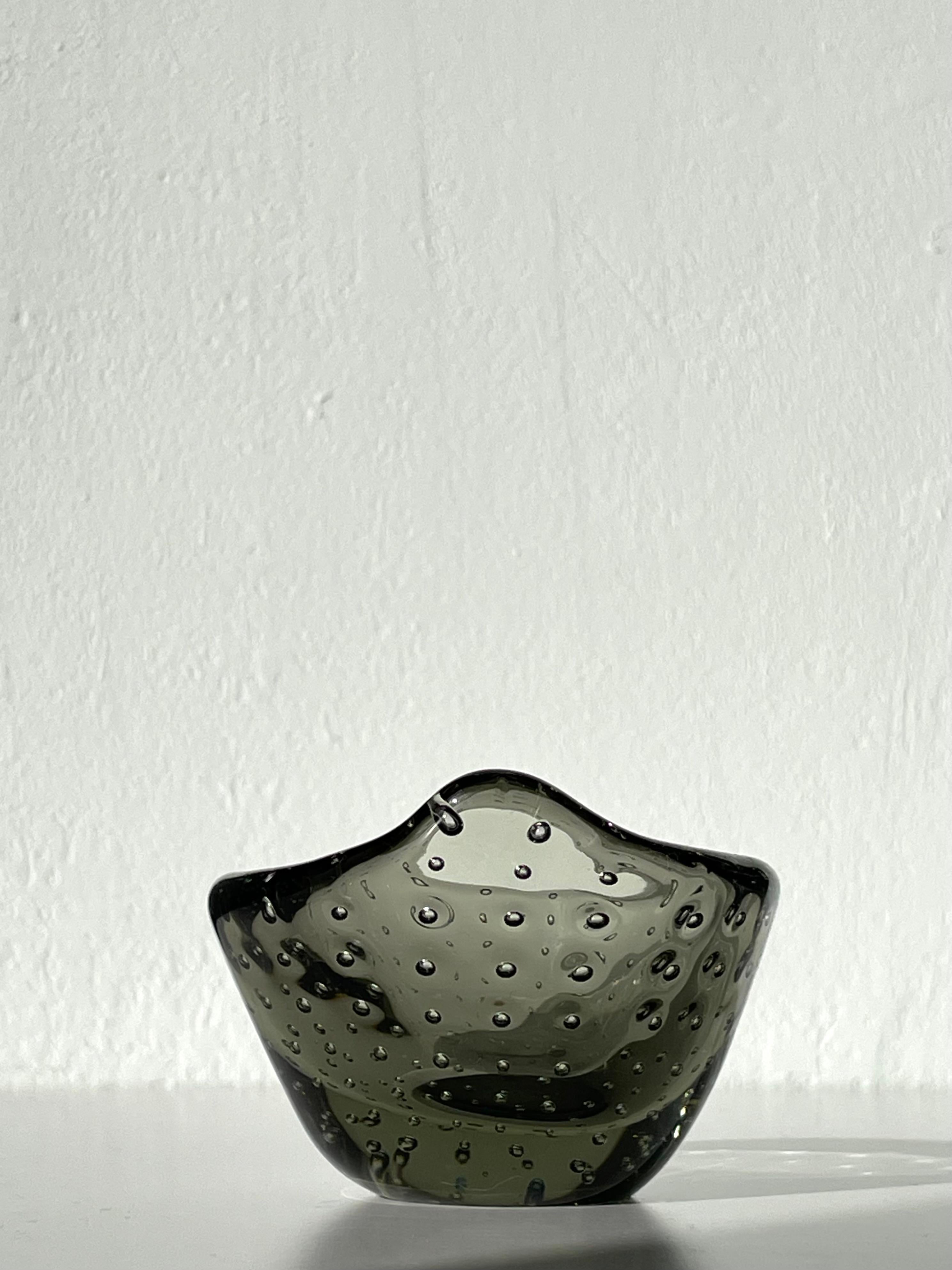 Italian Murano Small Smokey Gray Bubble Glass Vide Poche Bowl, Italy For Sale