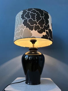 Small Space Age Table Lamp with Porcelain Base and Black and White Flower Shade