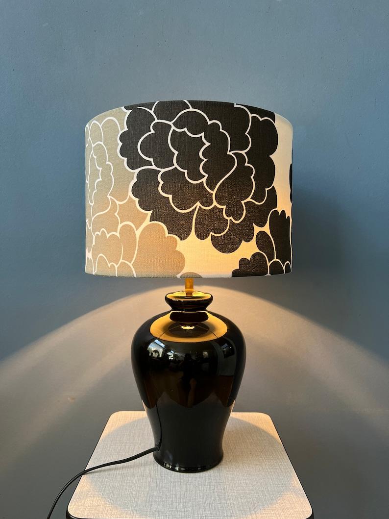 Ceramic Small Space Age Table Lamp with Porcelain Base and Black and White Flower Shade For Sale