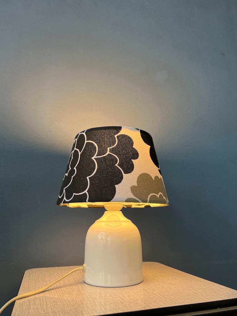 20th Century Small Space Age Table Lamp with Porcelain Base and Black & White Flower Shade For Sale
