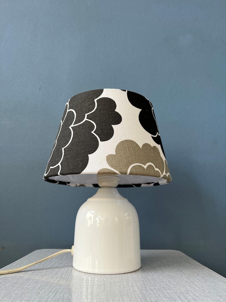 Ceramic Small Space Age Table Lamp with Porcelain Base and Black & White Flower Shade For Sale