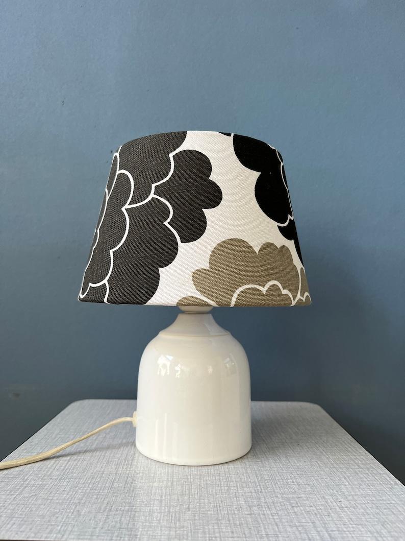 Small Space Age Table Lamp with Porcelain Base and Black & White Flower Shade For Sale 1