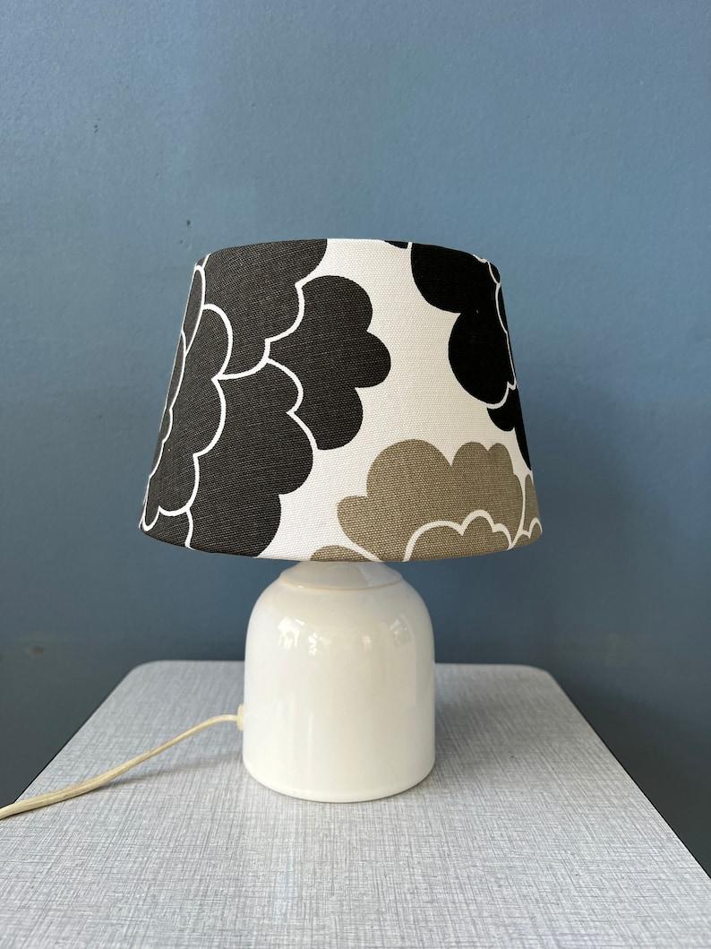 Small Space Age Table Lamp with Porcelain Base and Black & White Flower Shade For Sale 2
