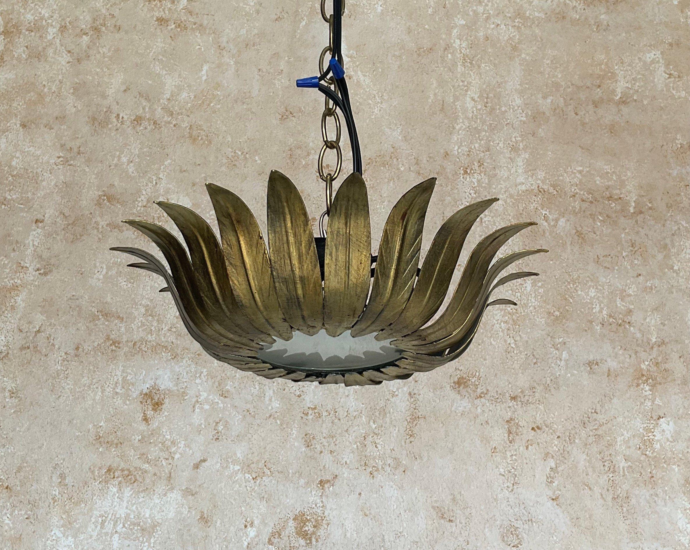 Small Spanish Gilt Metal Ceiling Fixture with Curved Leaves 5