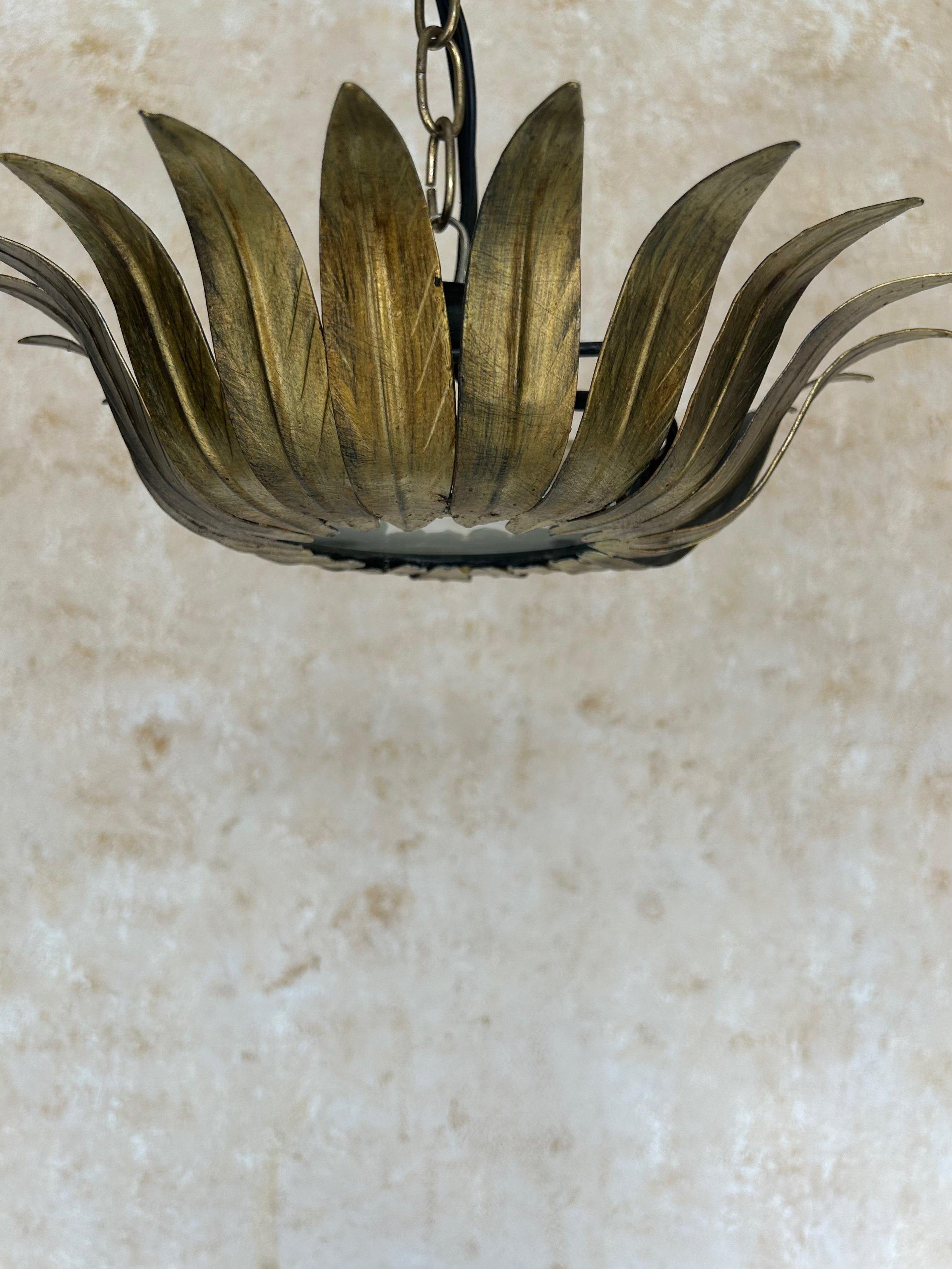 Small Spanish Gilt Metal Ceiling Fixture with Curved Leaves 6