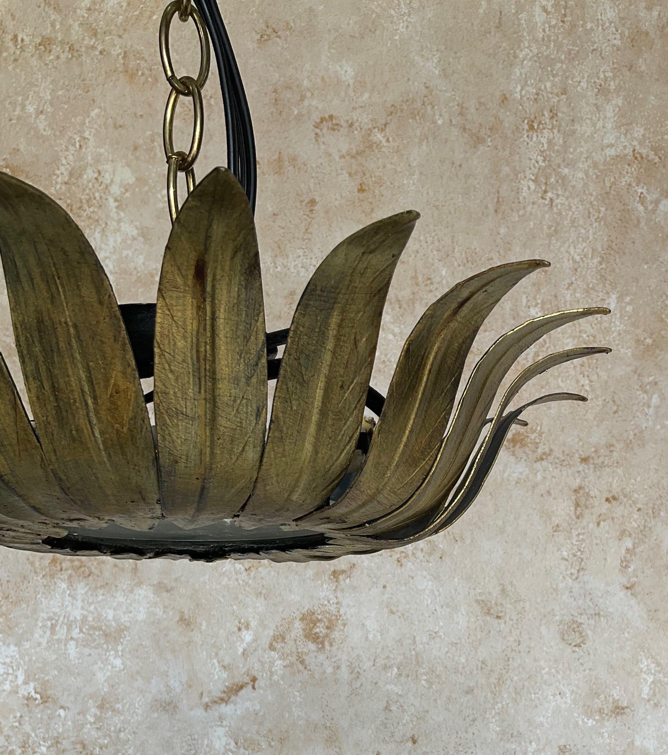Small Spanish Gilt Metal Ceiling Fixture with Curved Leaves 7