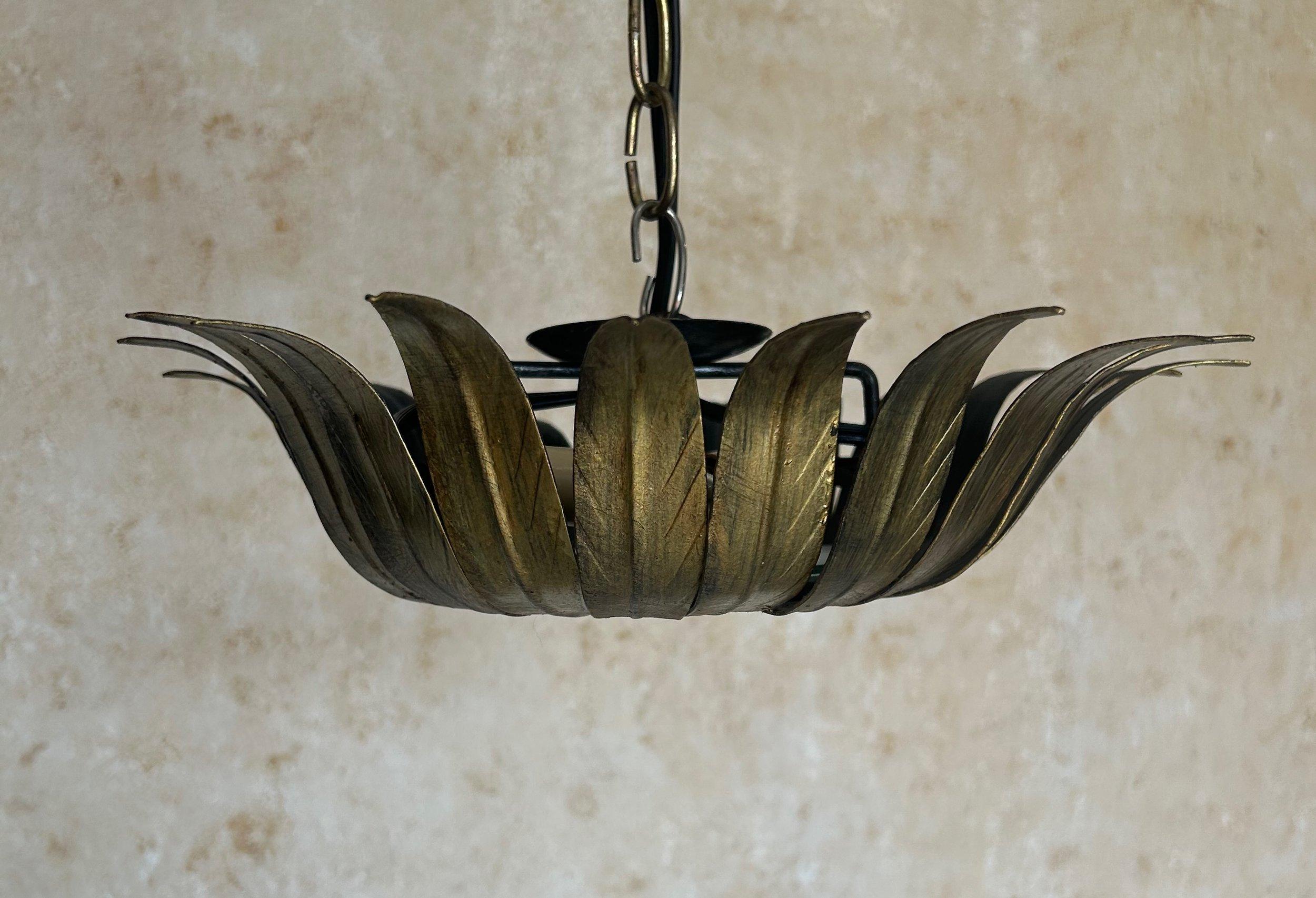 Art Nouveau Small Spanish Gilt Metal Ceiling Fixture with Curved Leaves