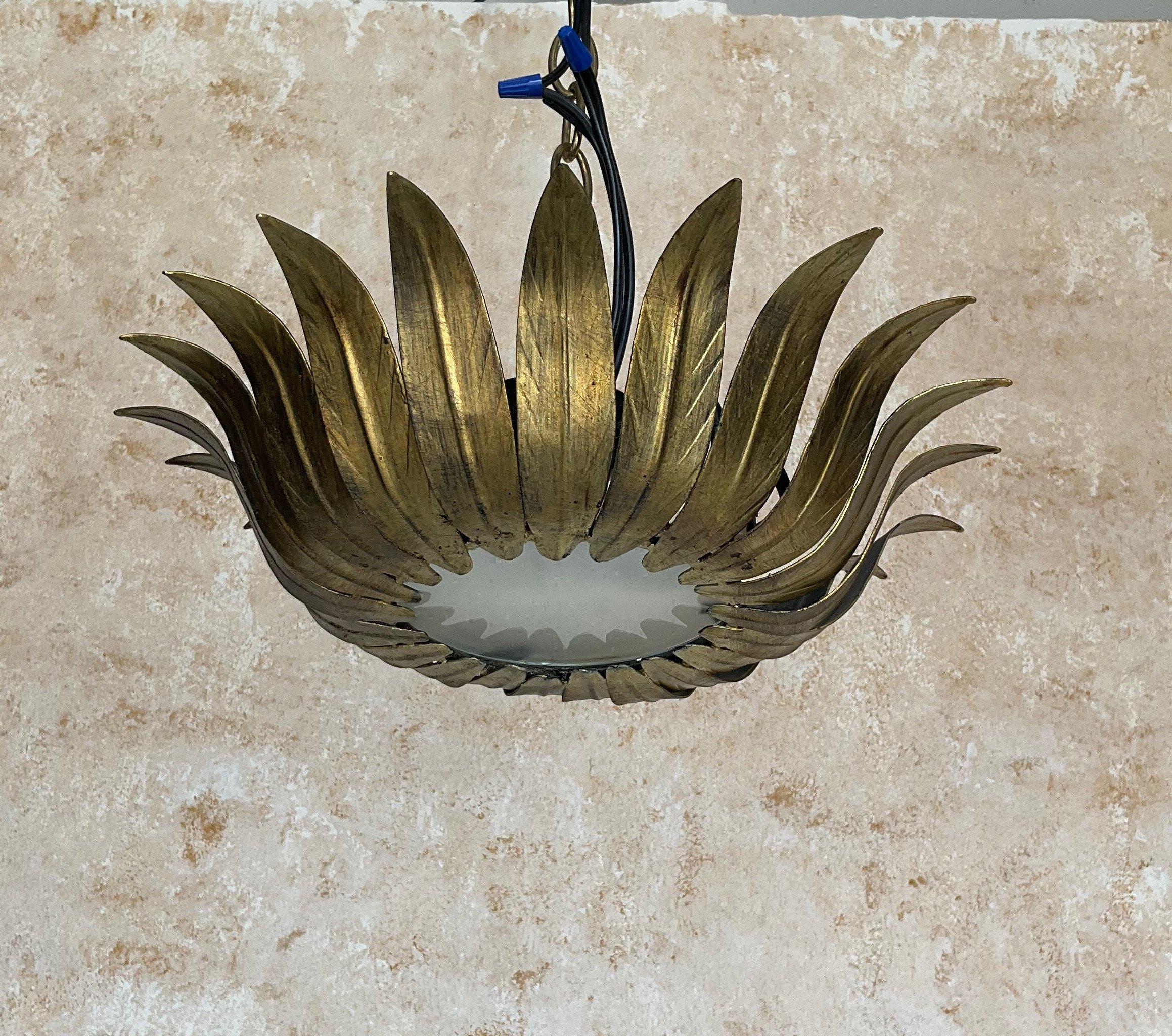 Small Spanish Gilt Metal Ceiling Fixture with Curved Leaves In Good Condition In Buchanan, NY