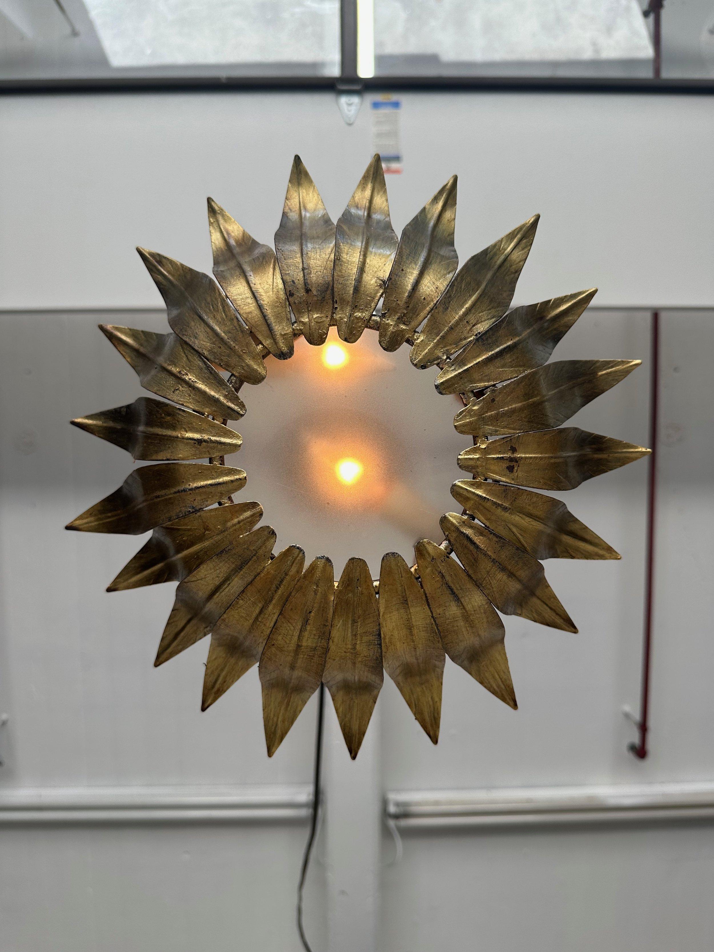 Mid-20th Century Small Spanish Gilt Metal Ceiling Fixture with Curved Leaves