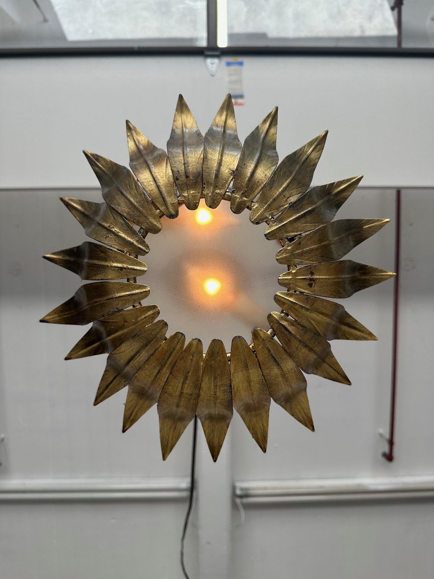 Small Spanish Gilt Metal Ceiling Fixture with Curved Leaves In Good Condition For Sale In Buchanan, NY