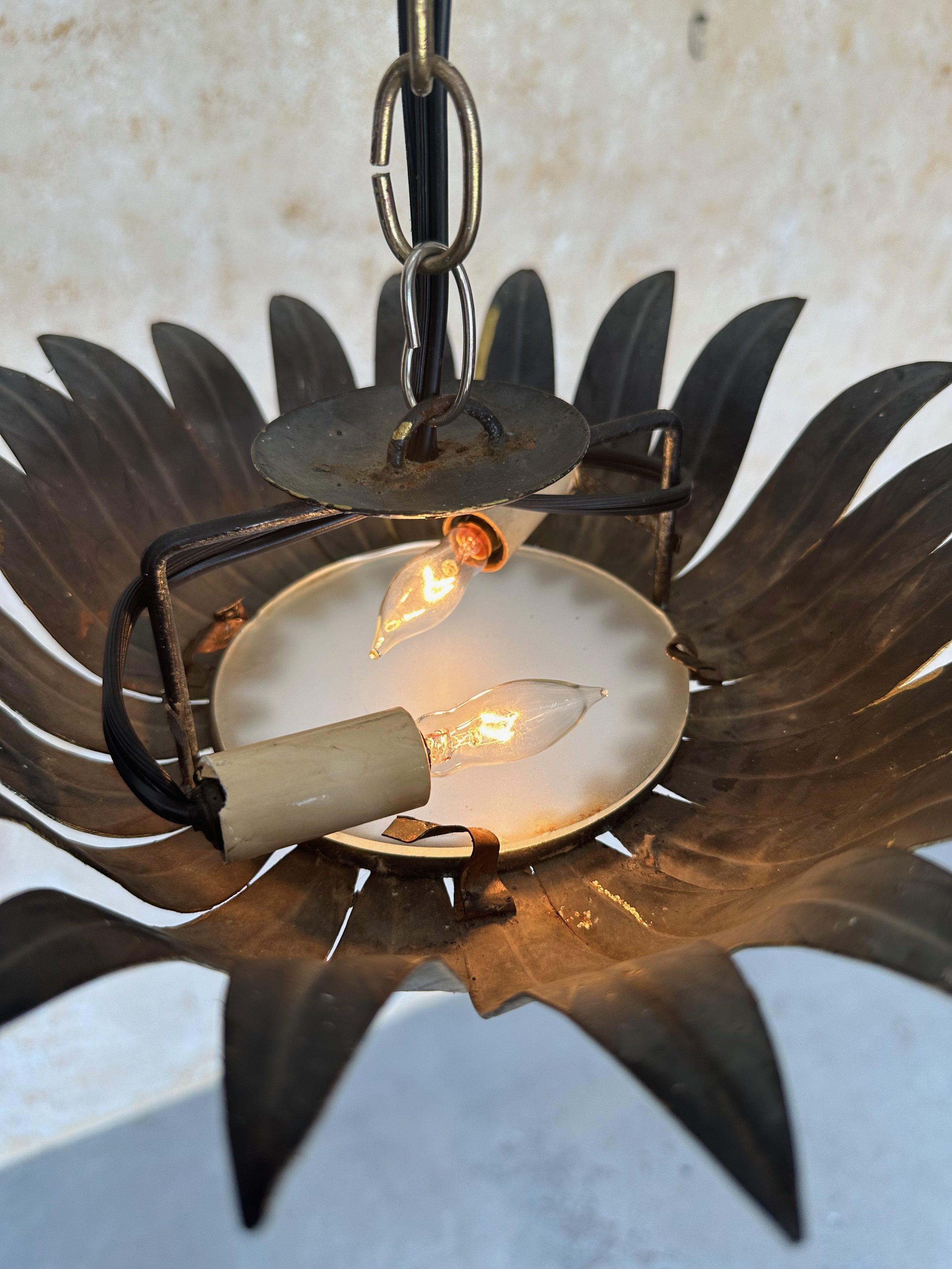 Small Spanish Gilt Metal Ceiling Fixture with Curved Leaves 2