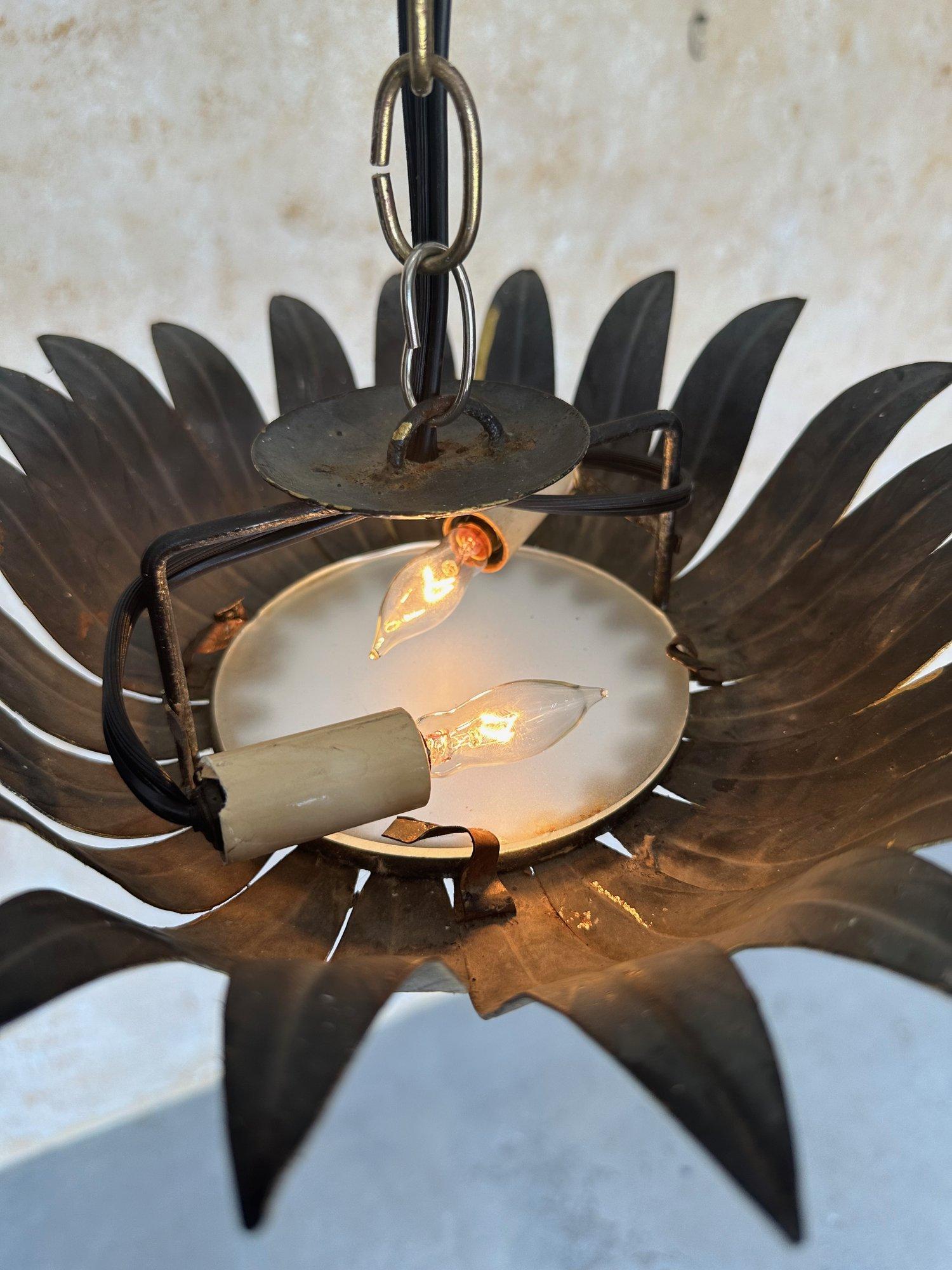 Small Spanish Gilt Metal Ceiling Fixture with Curved Leaves For Sale 1