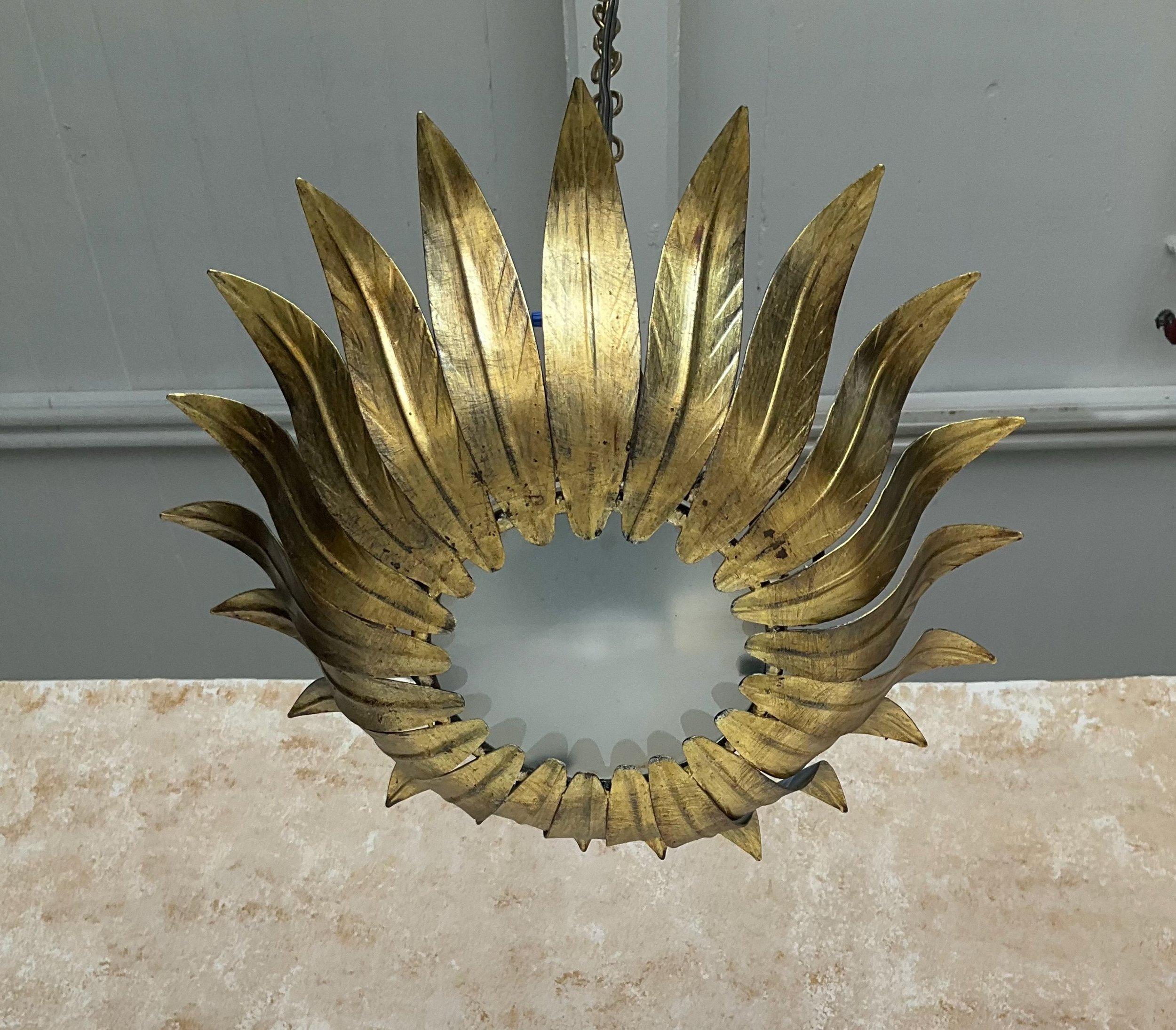 Small Spanish Gilt Metal Ceiling Fixture with Curved Leaves 3