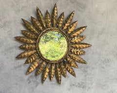 Small Spanish Gilt Metal Sunburst Mirror with Pointed Alternating Leaves