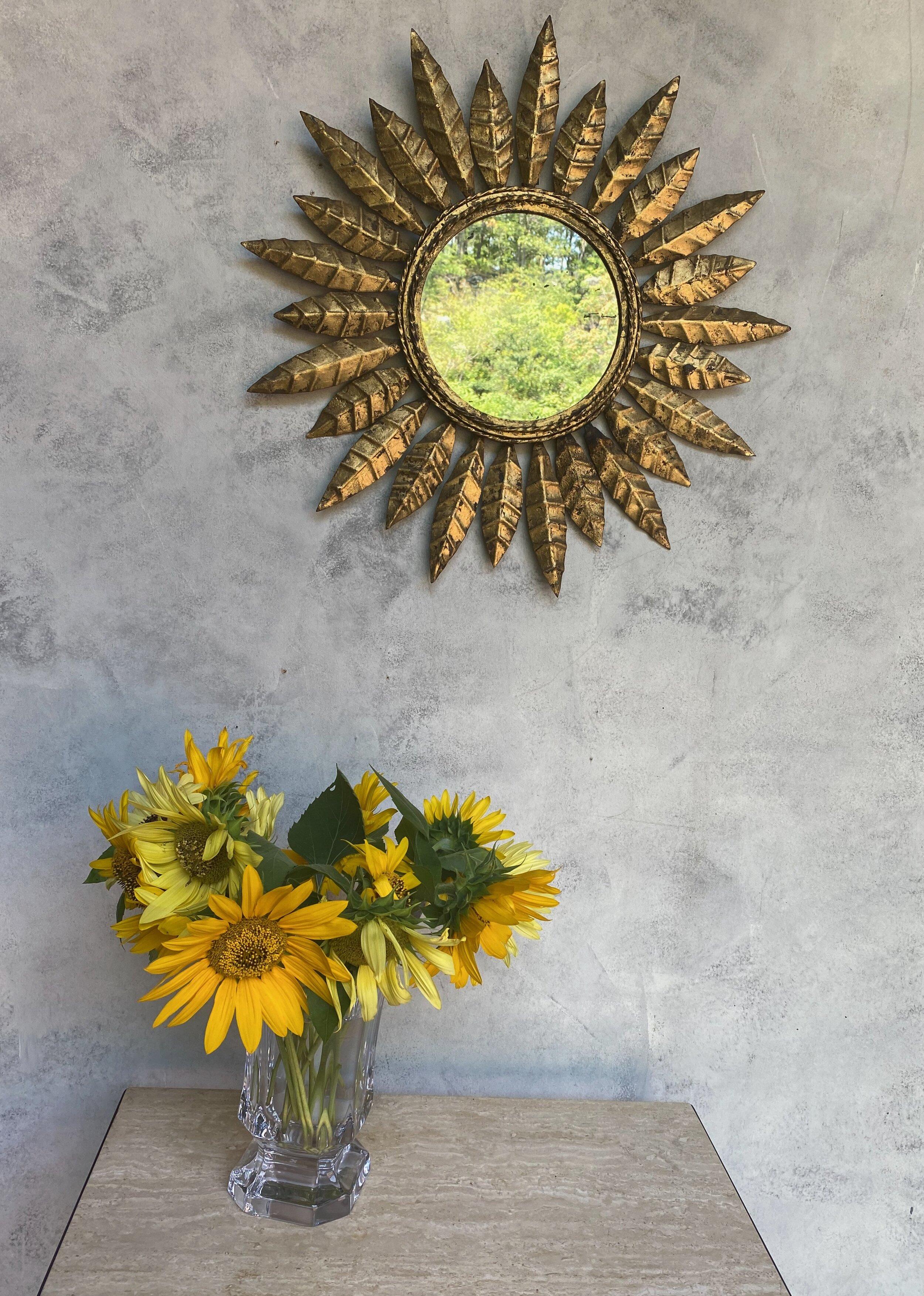 Art Nouveau Small Spanish Gilt Metal Sunburst Mirror with Pointed Alternating Leaves  For Sale