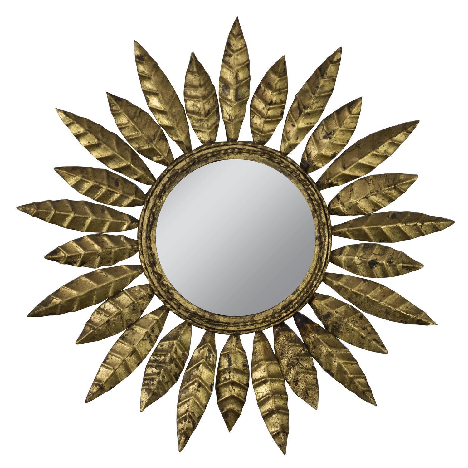 Small Spanish Gilt Metal Sunburst Mirror with Pointed Alternating Leaves 