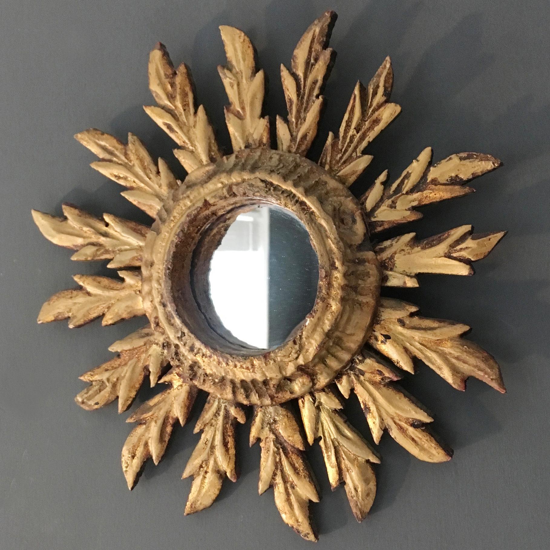Mid-Century Modern Small Spanish Handcrafted Wooden Sunburst Mirror
