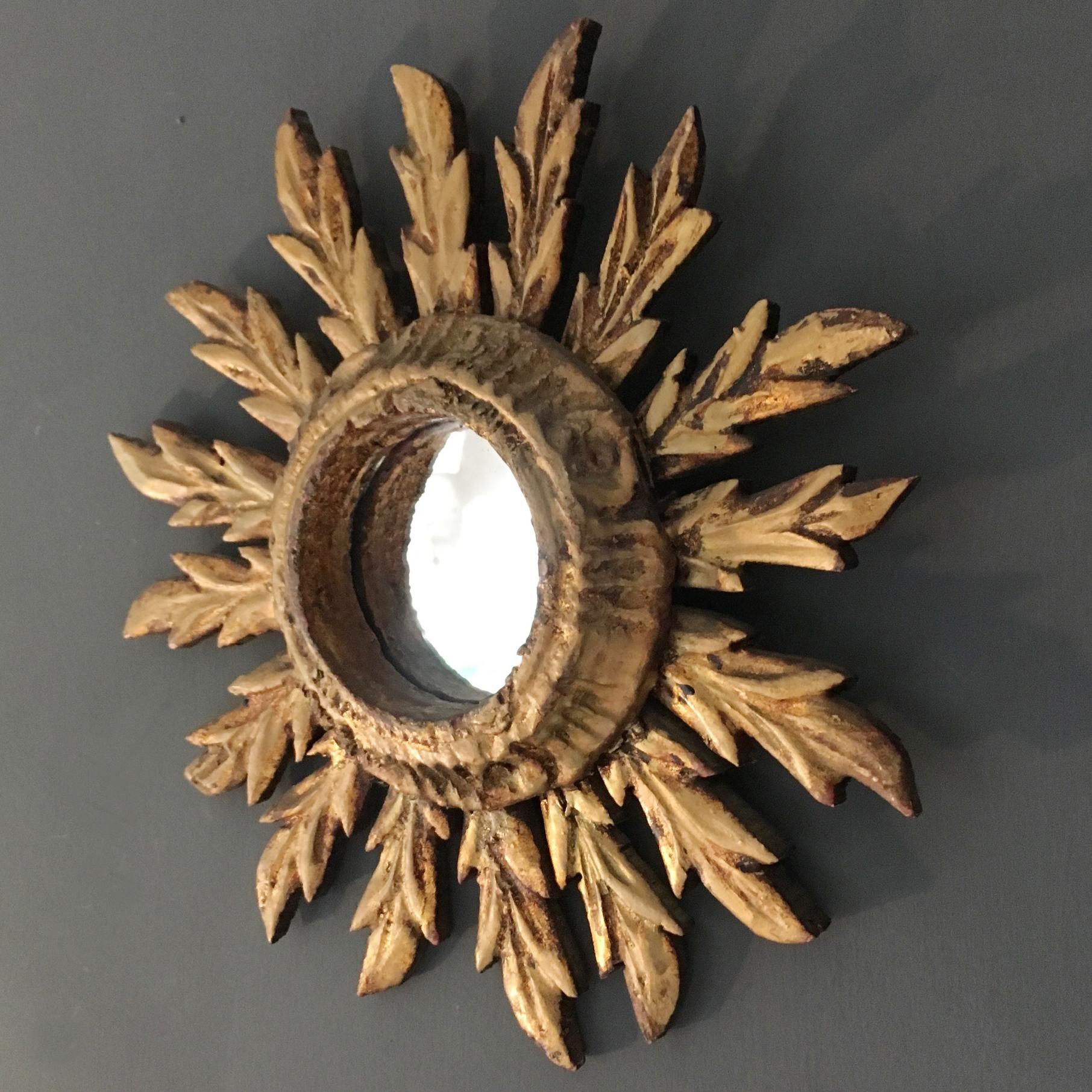 Hand-Crafted Small Spanish Handcrafted Wooden Sunburst Mirror