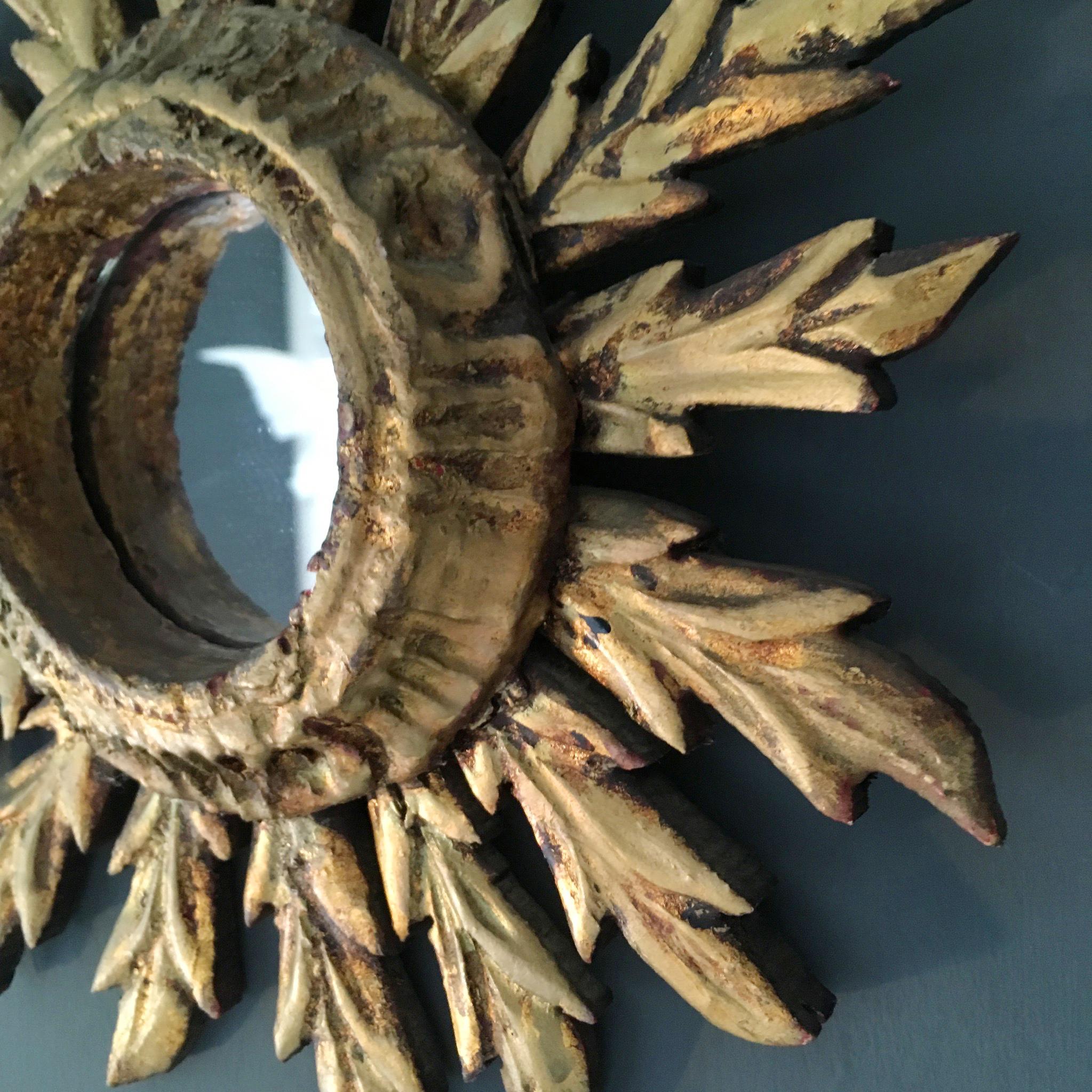 Small Spanish Handcrafted Wooden Sunburst Mirror In Good Condition In Hastings, GB