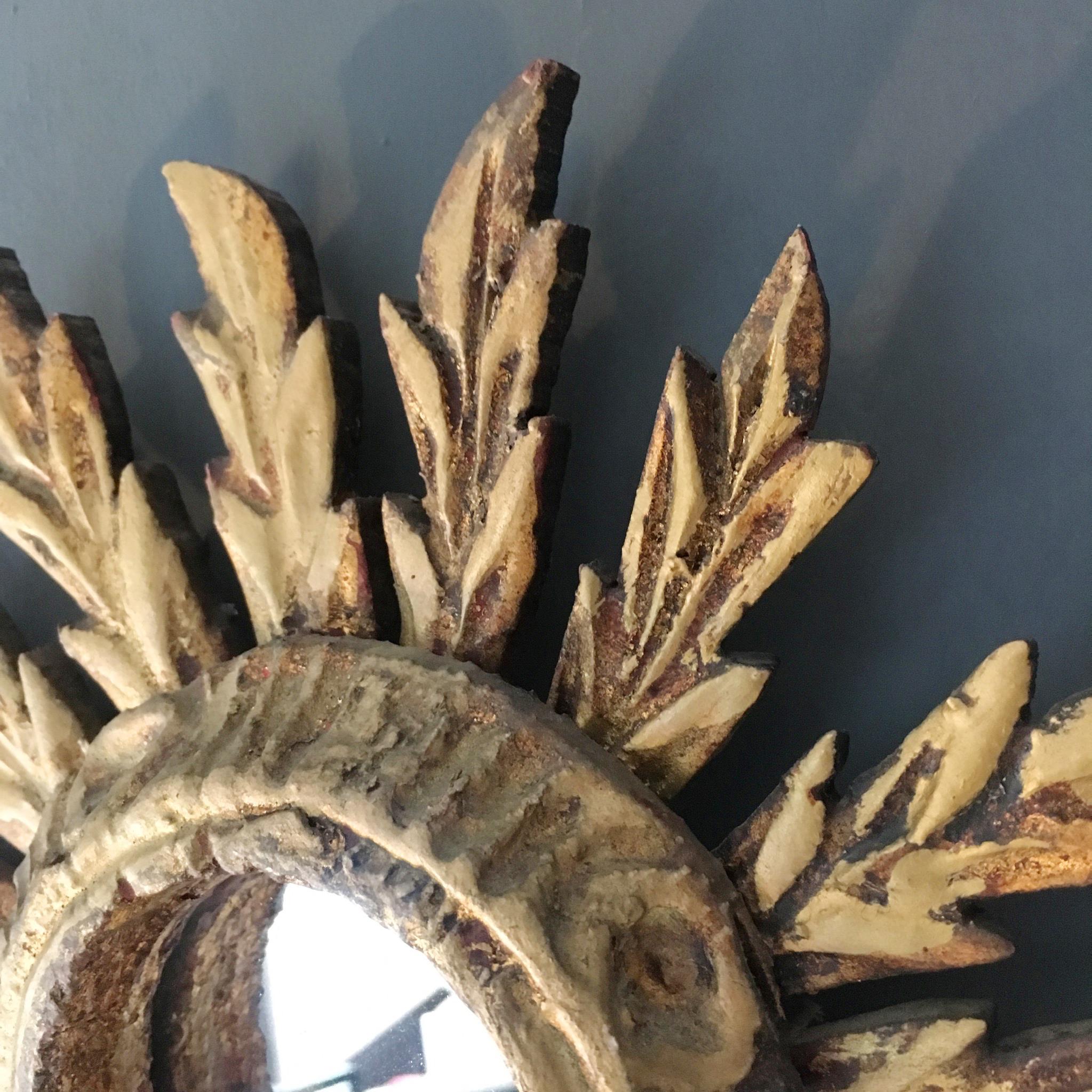 20th Century Small Spanish Handcrafted Wooden Sunburst Mirror