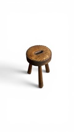 Small Spanish Milking Stool, Leather Top