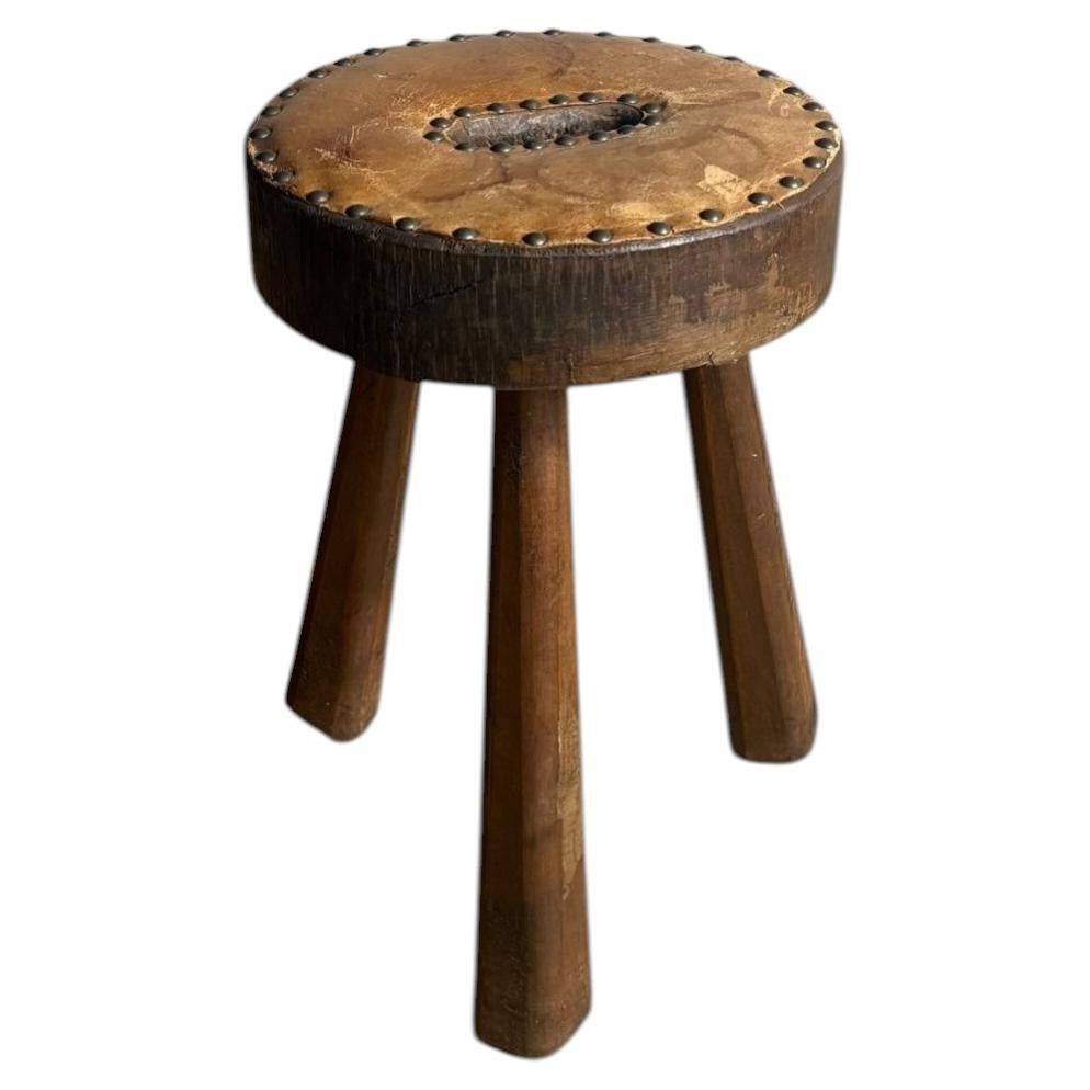 Small Spanish Milking Stool, Leather Top