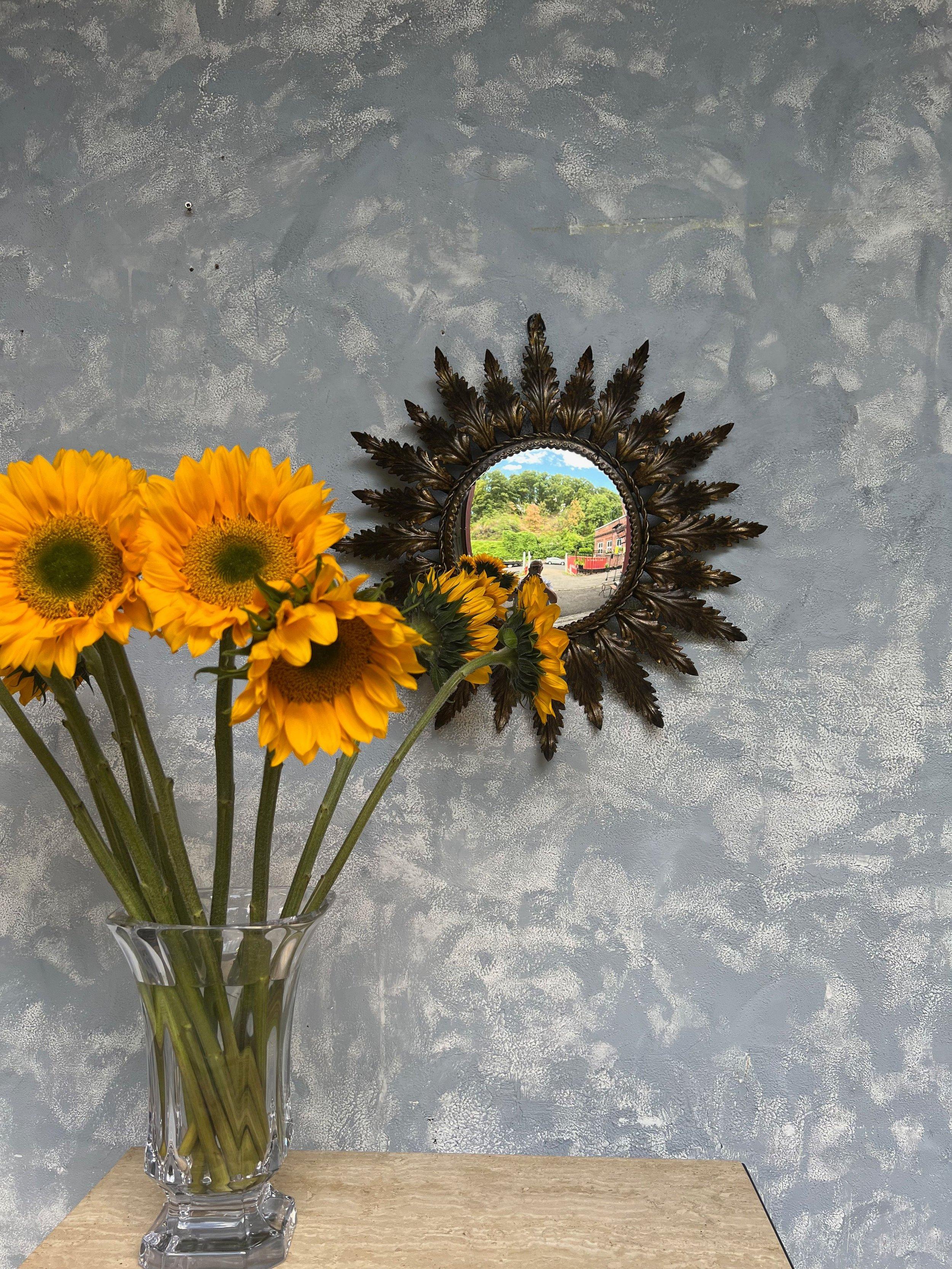 Mid-Century Modern Small Spanish Round Gilt Metal Sunburst Mirror with Convex Glass