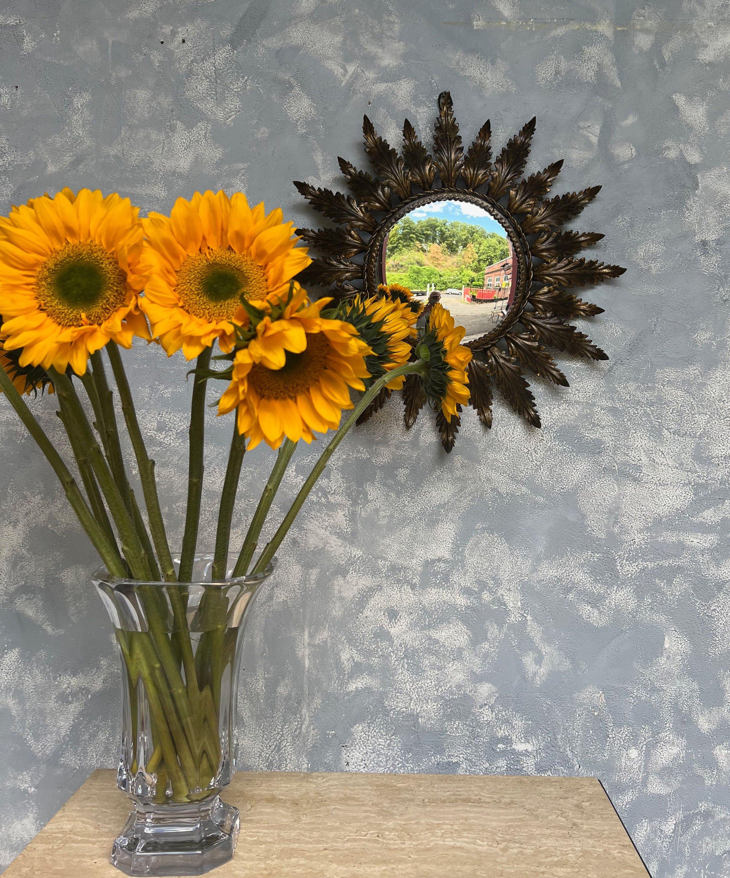 Small Spanish Round Gilt Metal Sunburst Mirror with Convex Glass In Good Condition In Buchanan, NY
