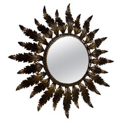 Small Spanish Round Gilt Metal Sunburst Mirror with Convex Glass