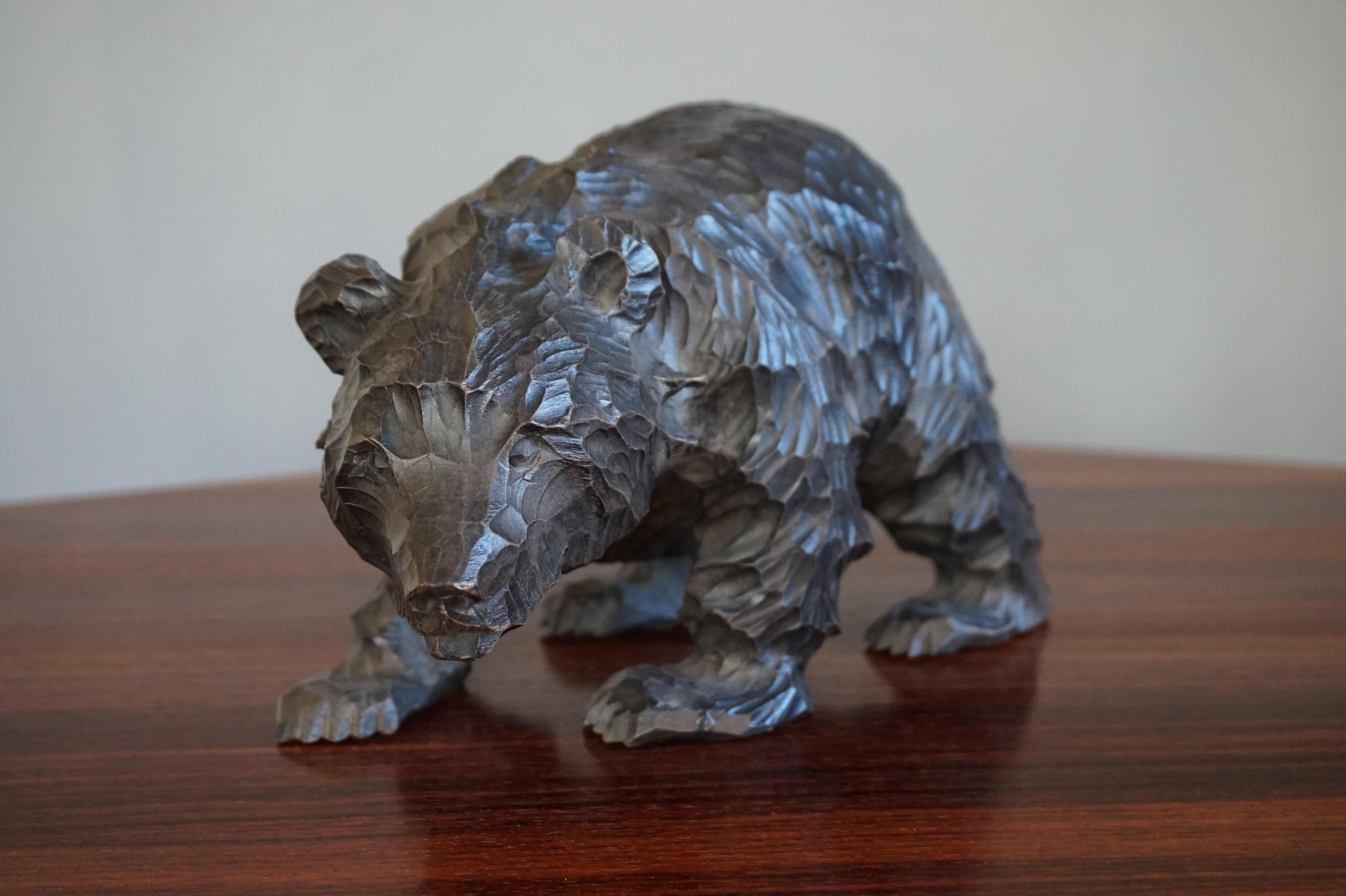 European Small & Special Style Hand Carved Standing Grizly Bear Sculpture from 1940-1960