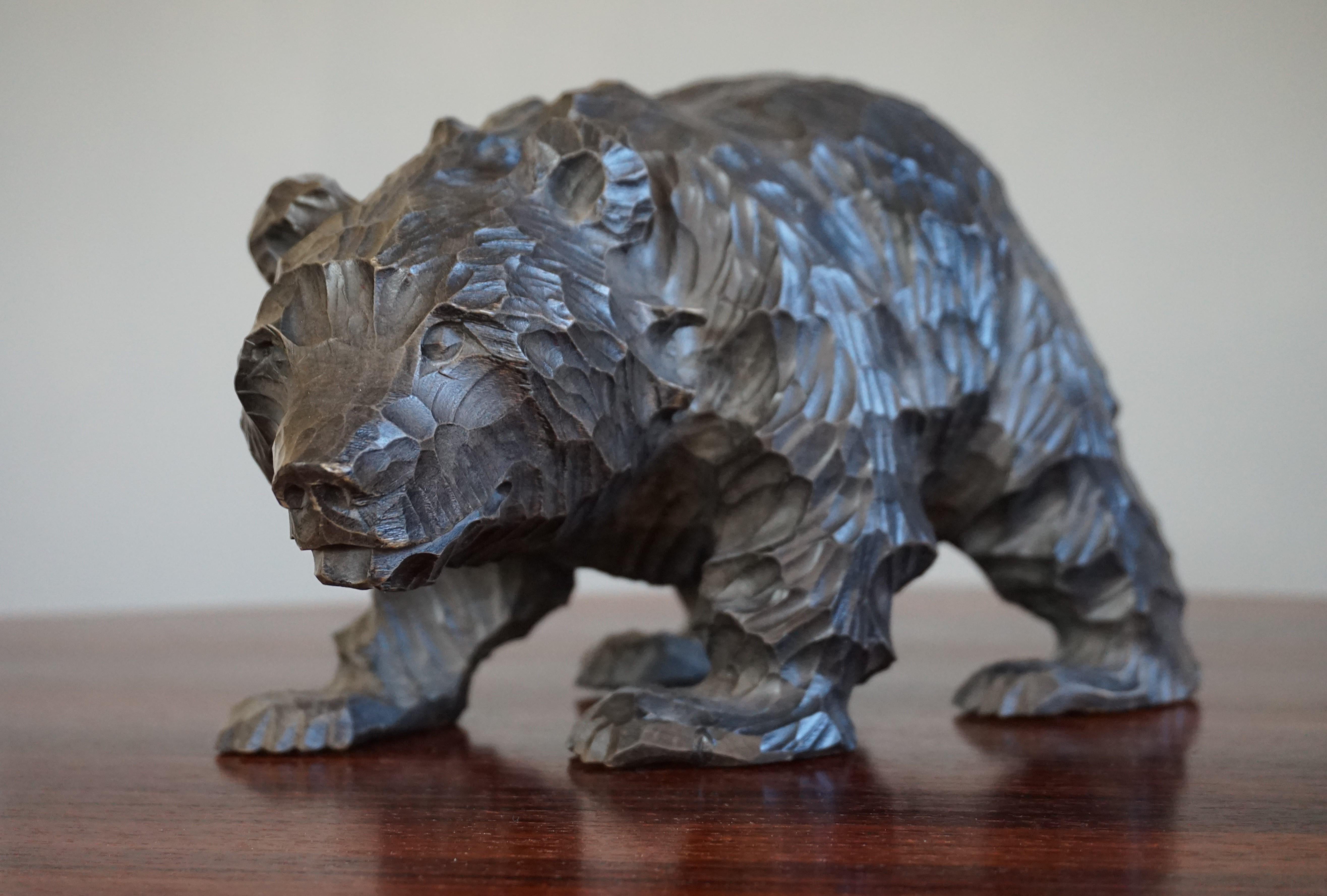 Hand-Carved Small & Special Style Hand Carved Standing Grizly Bear Sculpture from 1940-1960