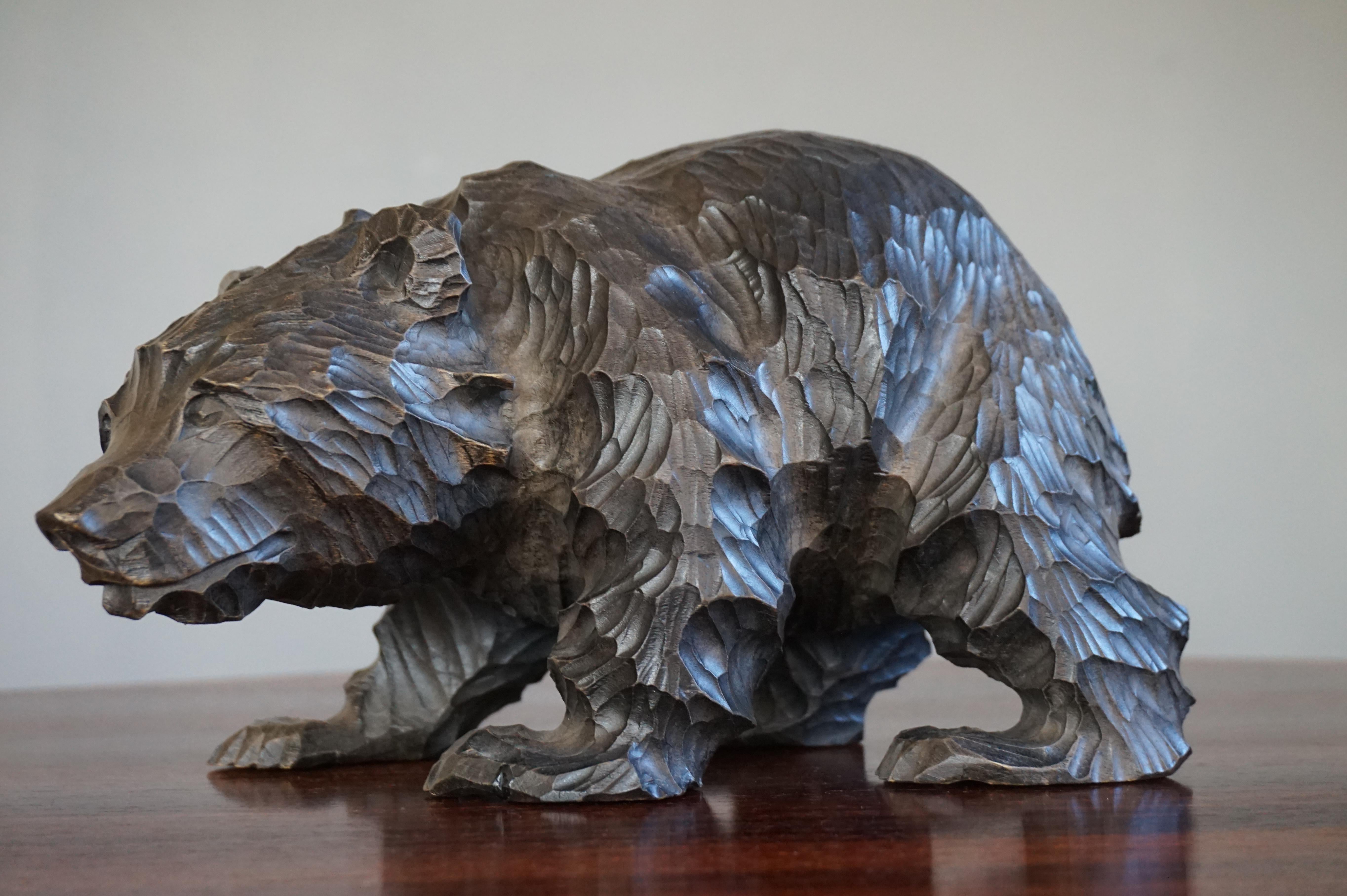 20th Century Small & Special Style Hand Carved Standing Grizly Bear Sculpture from 1940-1960