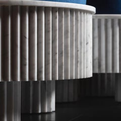 Small Spike Blue Velvet and Carrara Marble Pouf By Nick Maltese