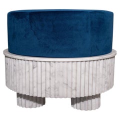 Small Spike Blue Velvet and Carrara Marble Pouf By Nick Maltese