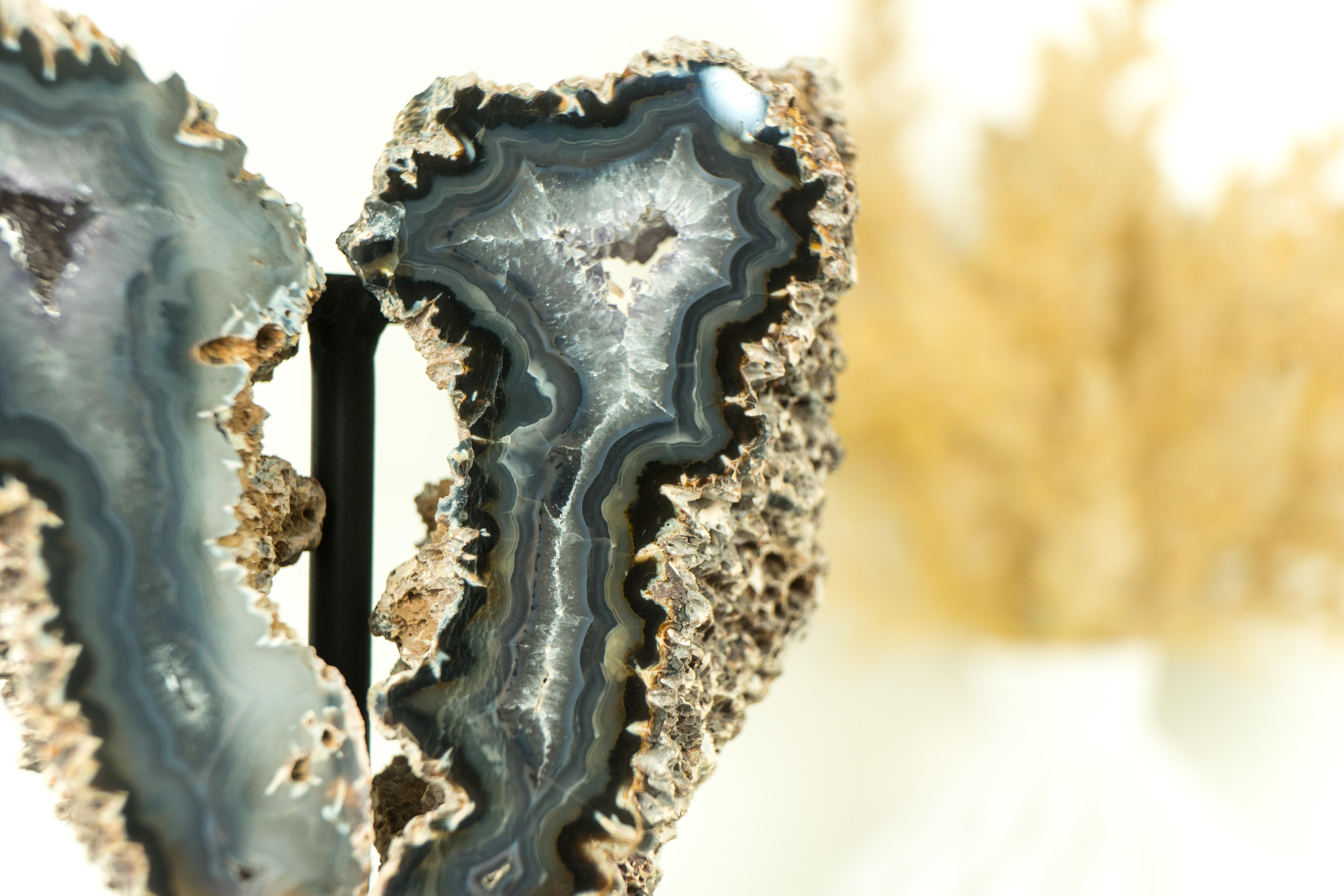 Contemporary Small Spiky Lace Agate Geode with Druzy, in Butterfly Wings Format, Intact For Sale