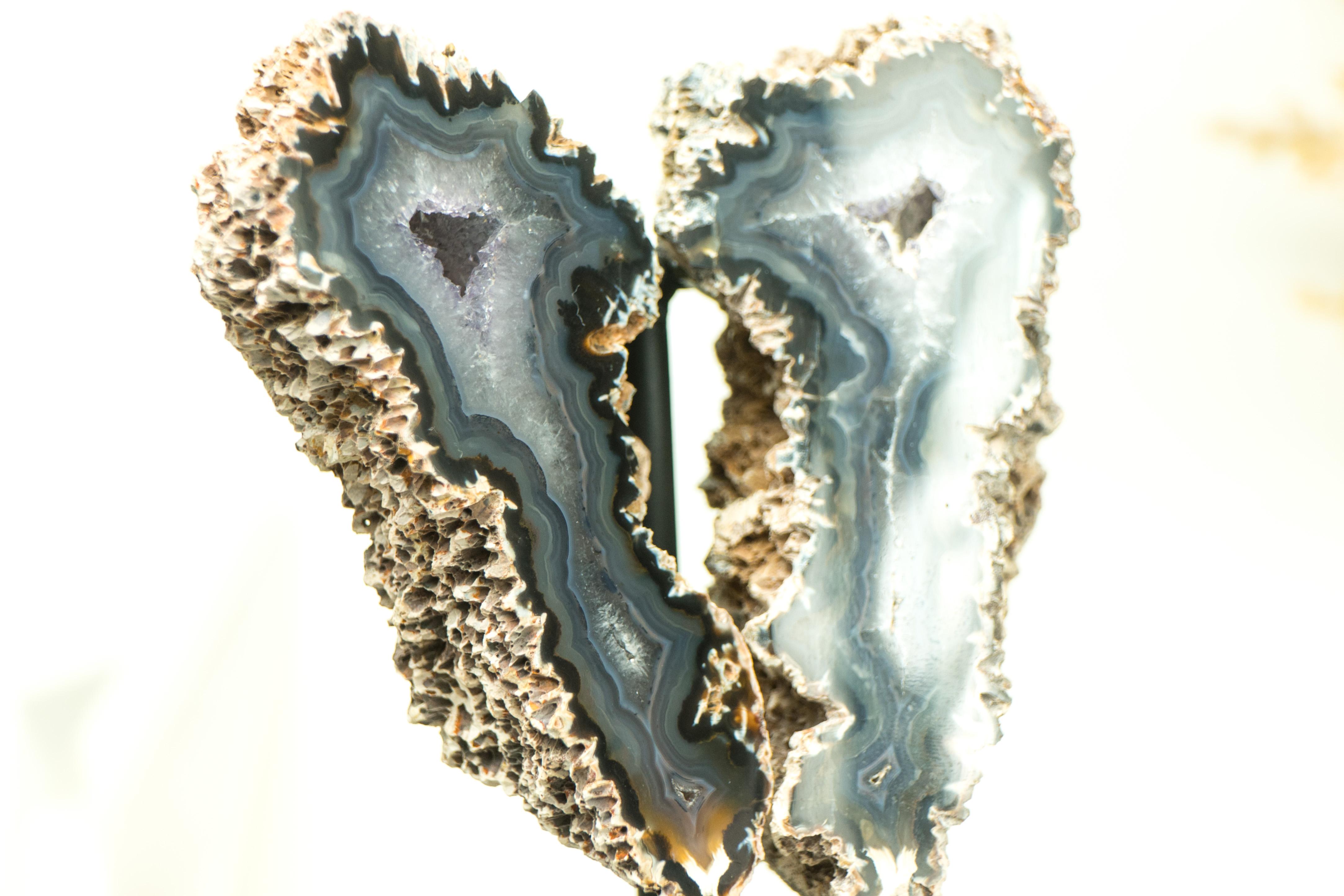 Kleiner Spiky Lace Achat Geode mit Druzy, in Schmetterlingsflügelformat, Intact im Angebot 3