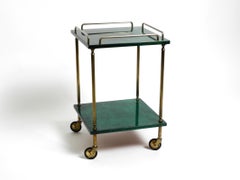 Small square 60s Aldo Tura bar cart or side table covered in green goat leather