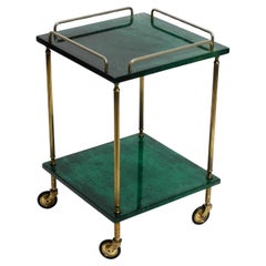 Small square 60s Aldo Tura bar cart or side table covered in green goat leather