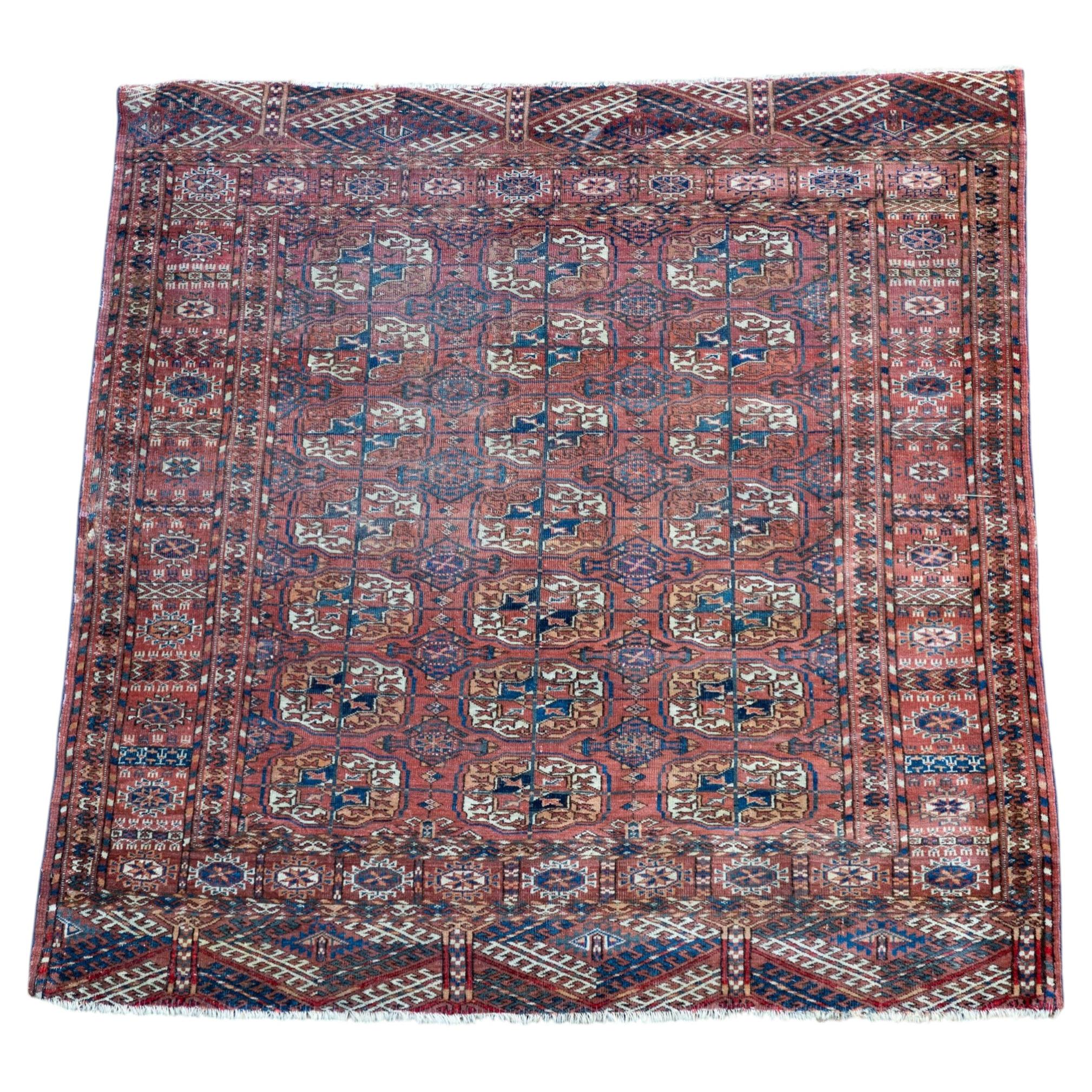 Small Square Brown Turkoman Hearth Carpet For Sale