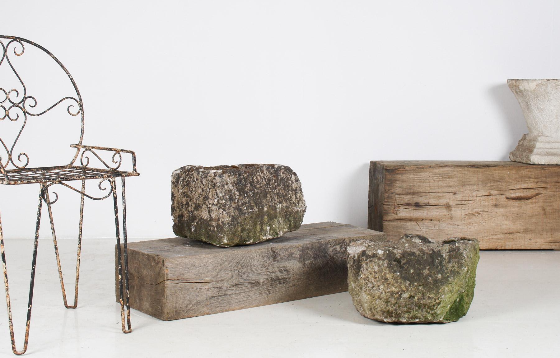 Primitif Petit pot Bonsai carré antique Wabi Sabi en pierre sculptée en vente