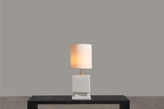 Small square ceramic table lamp, white with natural canvas shade. Made in Italy.
