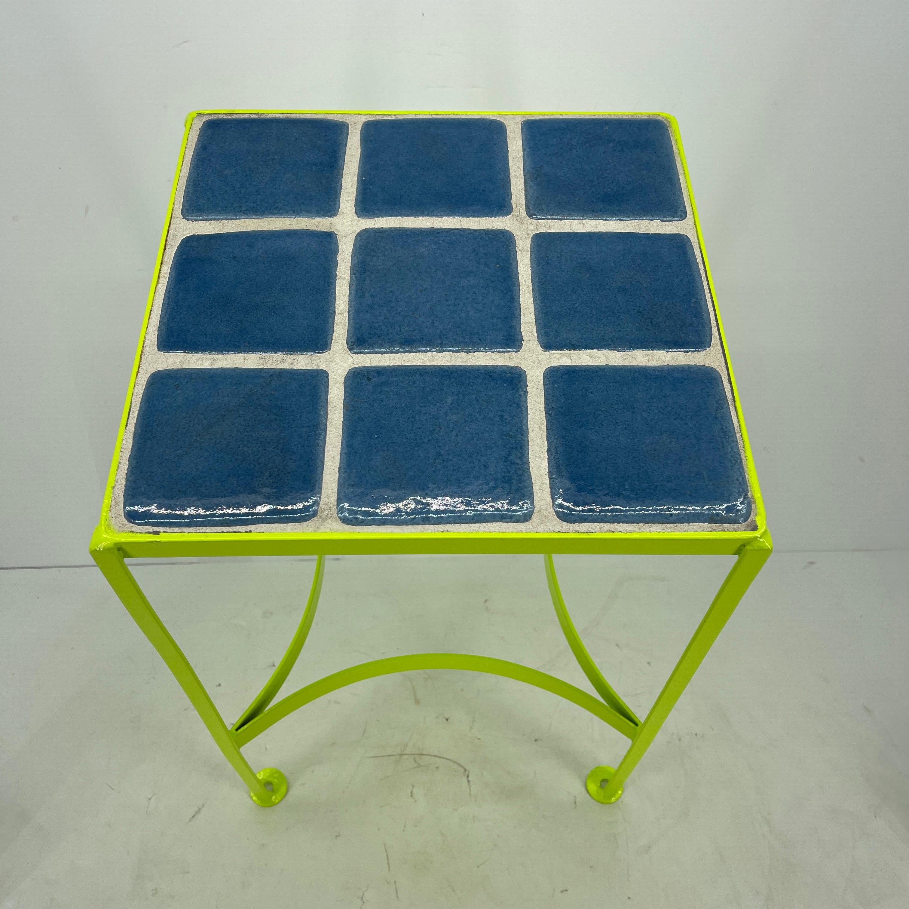 Glazed Small Square Tile Top Metal Side or End Table