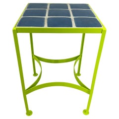 Small Square Chartreuse Metal Side Table with Blue Tile Top