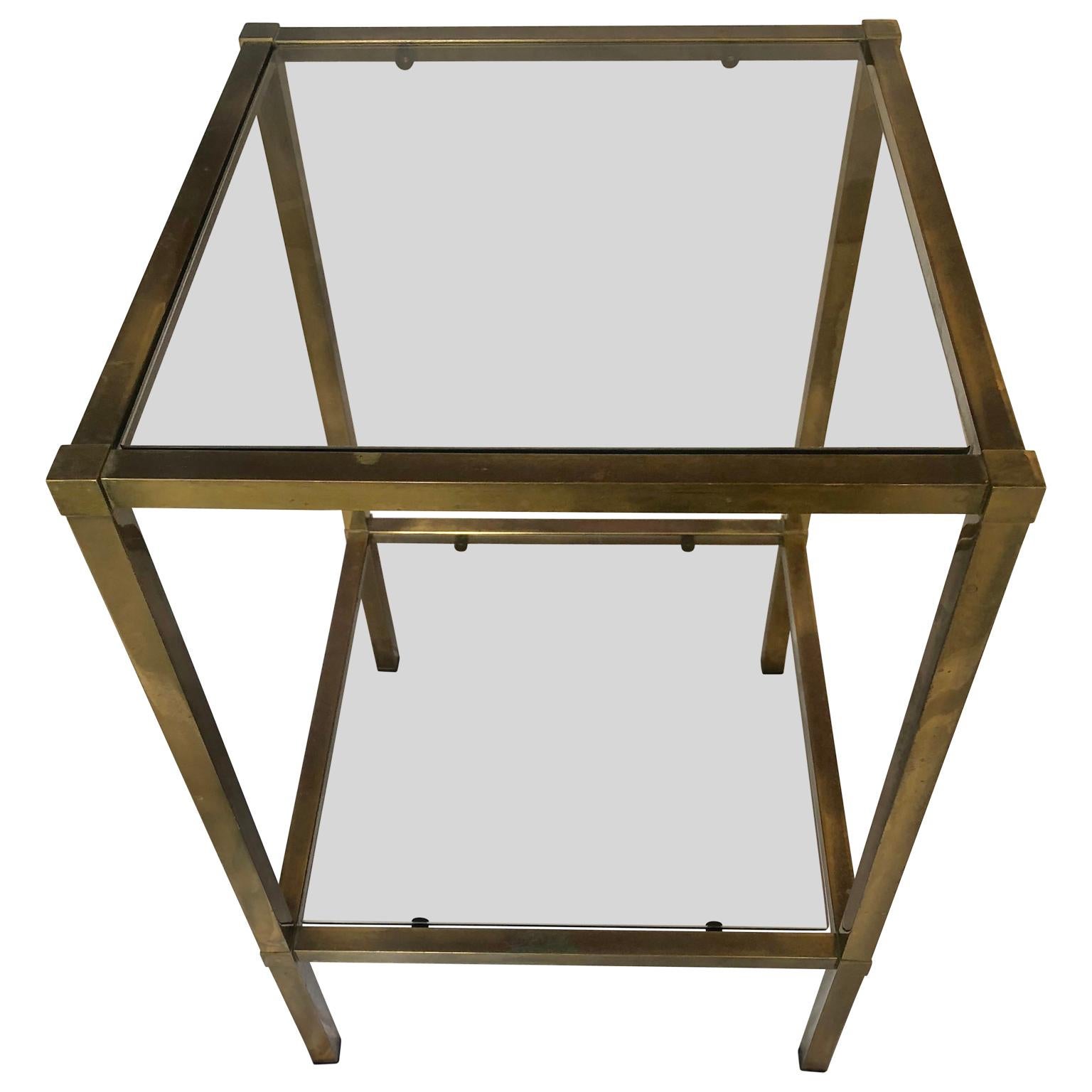 Gilt Small Square Italian Brass Glass-Top Mid-Century Modern Side Table